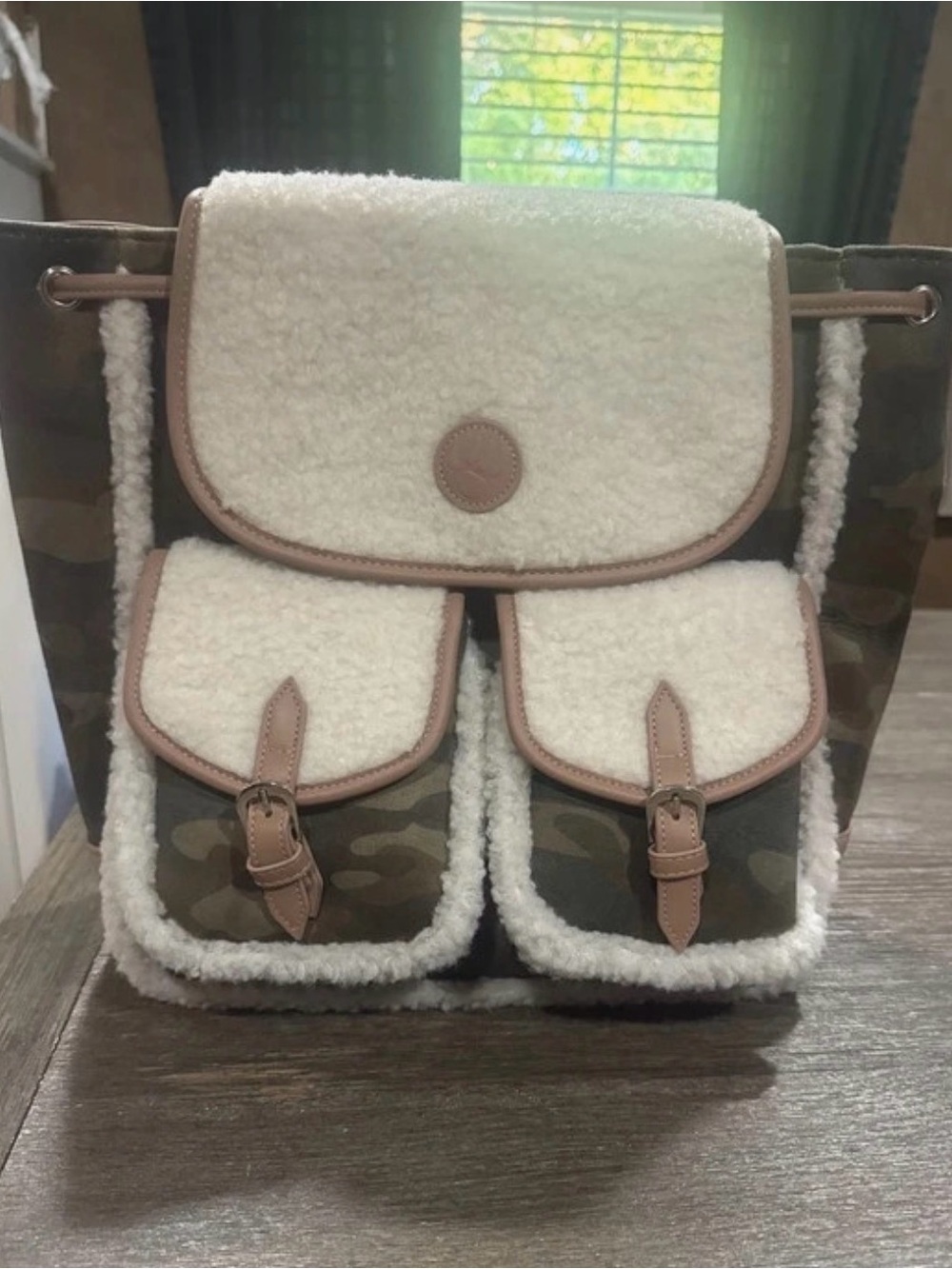 Sherpa-Trim Camo Backpack Bag in Olive and Cream